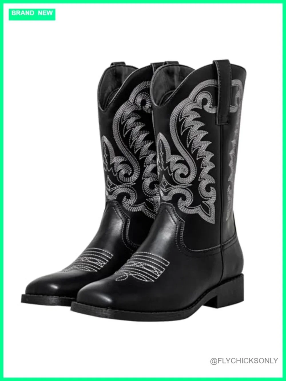 Square Toe Cowgirl Boots Embroidered Western Mid Calf Pull On Faux Leather